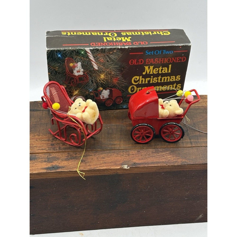VTG 1986 Old Fashioned Red Metal Ornaments 2 pc Flocked Bears In Original Box